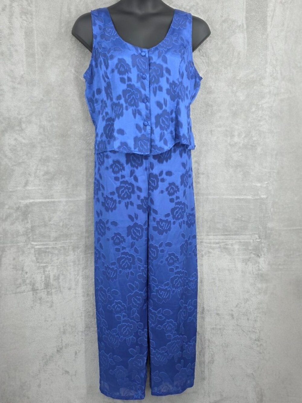 Victorias Secret Gold Label VTG 2 Piece Pajama Set XL Blue Floral Jacquard 90s